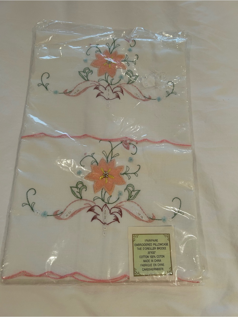 Vintage - Embroidered Floral Pillowcase Pair - Pink & Green Flowers (new)